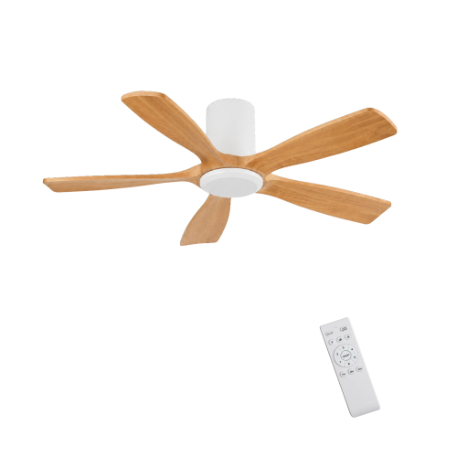 60-Inch Ceiling Fan Without Light, Solid Wood Blades, Flush Mount, Ultra-Quiet DC Motor, Remote Control with 6 Speeds & Reversible Function, for 20x20 ft Living Room Bedroom, Energy Saving - Gold & White Print - Metal & Wood