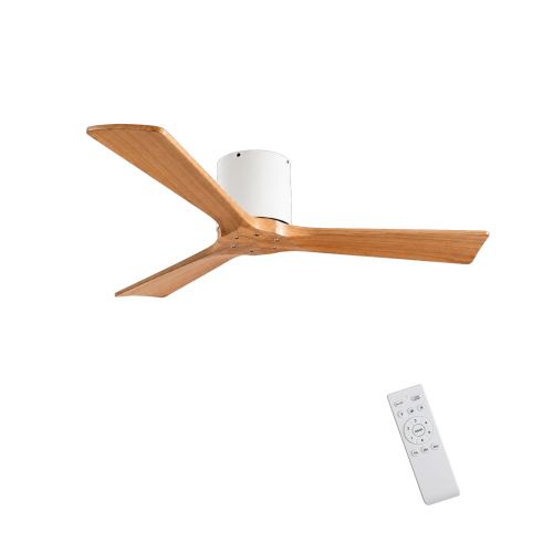 42-Inch Flush Mount Ceiling Fan Without Light, Solid Wood Blades, Reversible Quiet DC Motor, Remote Control with 6 Speeds & Timer, Energy Saving for Bedroom, Living Room, No Sloped Ceiling - Yellow+White - Metal & Wood