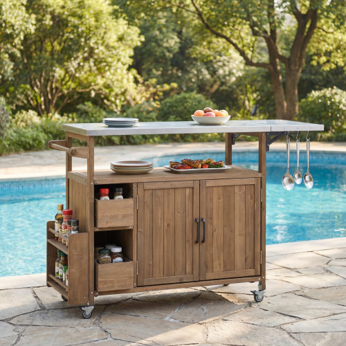 54.33" Farmhouse Rolling Outdoor Kitchen Cart, Solid Wood Frame with Stainless Steel Top, Spice Rack, Towel Rack, Lockable Wheels & Multi-Functional Storage for Patio, Backyard BBQ & Kitchen - Natural - Solid Wood,Stainless Steel - Natural - Natural - Solid Wood,Stainless Steel - Natural - Solid Wood