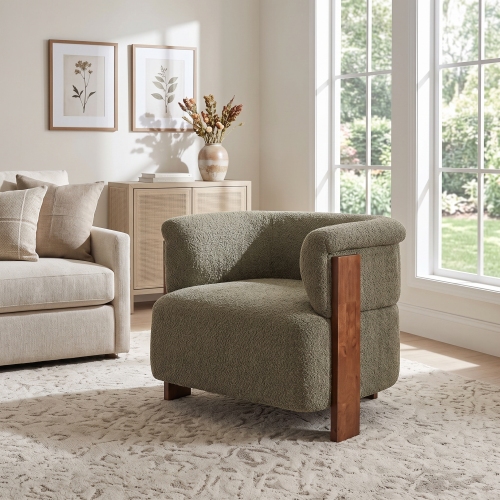 31.7" Mid-Century Curved Barrel Accent Chair with Vertical Solid Wood Legs, Soft Textured Teddy Fleece Upholstered Armchair, Modern Curved Wrap Around Arm Lounge Chair for Living Room Bedroom Entryway - Green - Boucle,Solid Wood - Boucle - Green