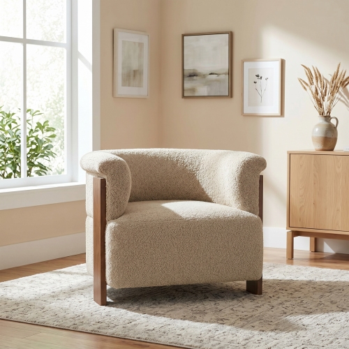 31.7" Mid-Century Curved Barrel Accent Chair with Vertical Solid Wood Legs, Soft Textured Teddy Fleece Upholstered Armchair, Modern Curved Wrap Around Arm Lounge Chair for Living Room Bedroom Entryway - Brown - Boucle - Boucle - Brown