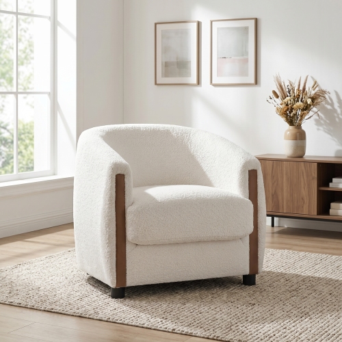 31.8" Modern Curved Barrel Accent Chair with Vertical Solid Wood Side Panels, Plush Textured Teddy Fleece Upholstered Armchair, Removable Seat Cushion Lounge Chair for Living Room Bedroom Entryway - Beige - Boucle - Beige - Not Specified