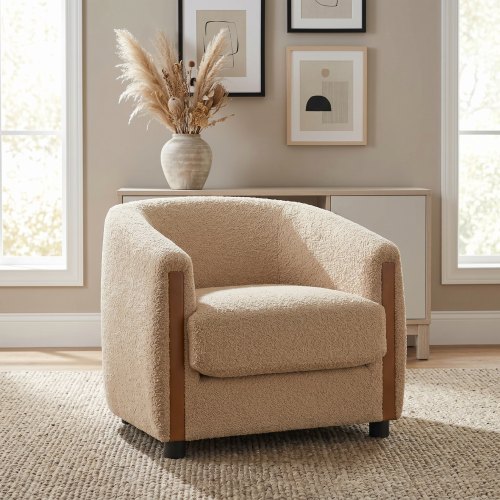 31.8" Modern Curved Barrel Accent Chair with Vertical Solid Wood Side Panels, Plush Textured Teddy Fleece Upholstered Armchair, Removable Seat Cushion Lounge Chair for Living Room Bedroom Entryway - Light Brown - Boucle - Boucle - Light Brown