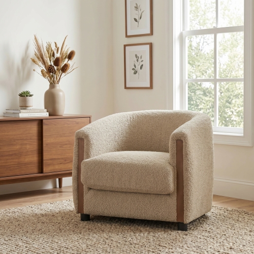 31.8" Modern Curved Barrel Accent Chair with Vertical Solid Wood Side Panels, Plush Textured Teddy Fleece Upholstered Armchair, Removable Seat Cushion Lounge Chair for Living Room Bedroom Entryway - Oatmeal - Boucle - Oatmeal - Not Specified