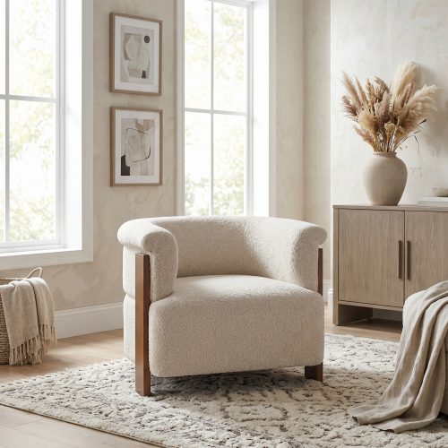 31.7" Mid-Century Curved Barrel Accent Chair with Vertical Solid Wood Legs, Soft Textured Teddy Fleece Upholstered Armchair, Modern Curved Wrap Around Arm Lounge Chair for Living Room Bedroom Entryway - Almond - Boucle - Almond - Not Specified