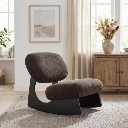 Modern Curved Hollow Base Rocking Accent Chair, Soft Textured Chenille Upholstered Armless Rocker Lounge Chair, Unique Sculptural Rocking Chair for Living Room Bedroom Nursery - Dark Brown - Polyester,Solid Wood