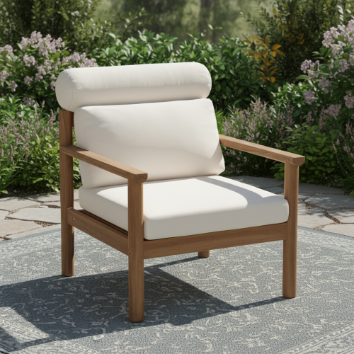 28" Mid-Century Modern Acacia Wood Outdoor Patio Chair, Weather-Resistant Deep Seating Lounge Chair with Bolster Pillow & Thick Cushions, Solid Wood Frame Accent Chair for Backyard, Poolside & Deck - Beige,Light Brown - Acacia Wood,Waterproof Fabric