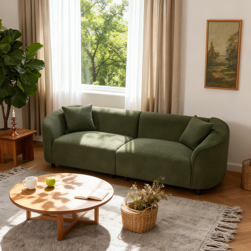 87.5-Inch Contemporary Green Boucle Curved 3-Seat Living Room Sofa