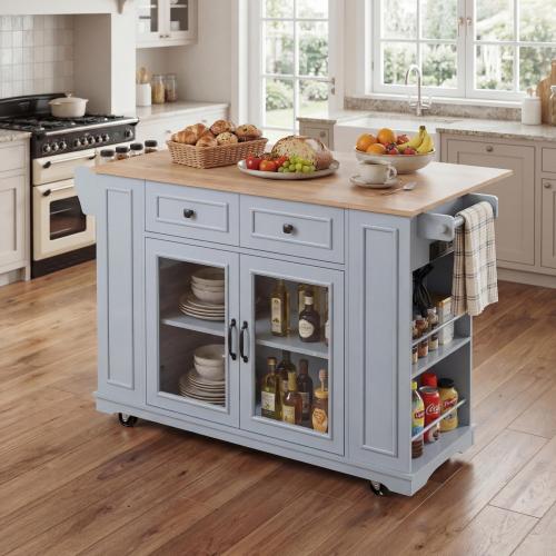 54" Mobile Kitchen Island with Glass Door Storage, Power Outlet & Open Shelves, Rolling Kitchen Cart with Towel Rack, Spice Rack & Knife Holder, Functional Kitchen Prep Table for Kitchen, Dining - Blue Gray - Temptered Glass+Stainless Steel+ MDF