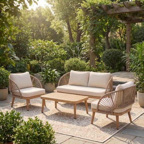 4-Piece Acacia Wood Patio Seating Set, Curved Tub Design Outdoor Loveseat & Chairs with Woven Rope Accents, Weather-Resistant Cushions & Slatted Coffee Table - Teak+ Beige - Acacia Wood,Rope,Waterproof Fabric