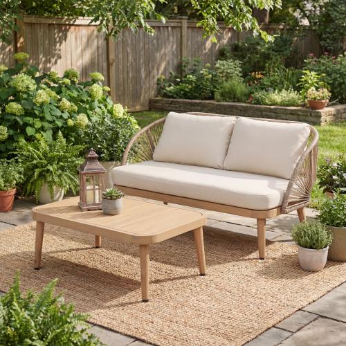2-Piece Acacia Wood Patio Set, Curved Tub Loveseat & Slatted Coffee Table with Woven Rope Accents & Weather-Resistant Cushions - Teak+ Beige - Acacia Wood,Rope,Waterproof Fabric