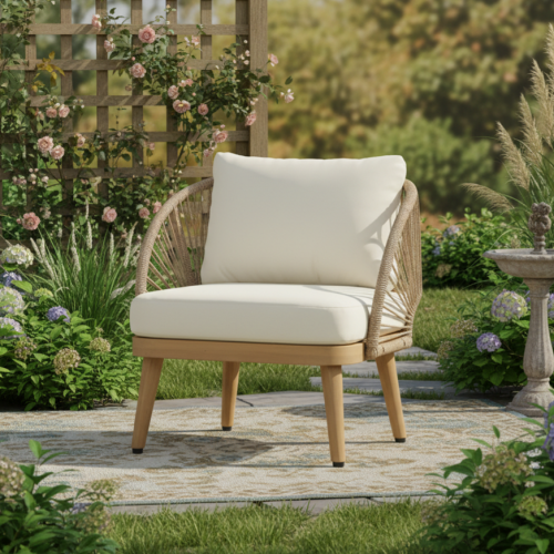Acacia Wood Outdoor Club Chair, Curved Tub Design Patio Chair with Handwoven Rope Accents & Weather-Resistant Cushion - Natural+Beige - Acacia Wood,Rope,Waterproof Fabric