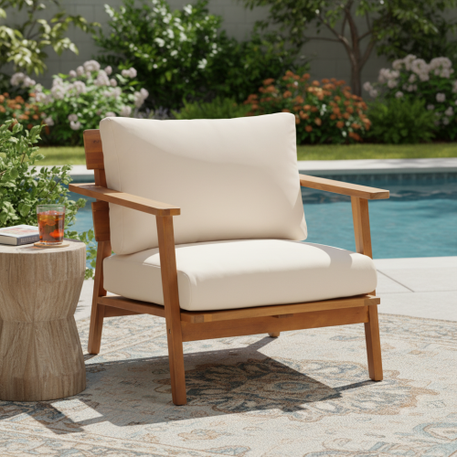 29.5" Mid-Century Modern Acacia Wood Outdoor Club Chair, Patio Armchair with Weather-Resistant Cushions & Solid Hardwood Frame - Teak+ Beige - Solid Wood,Waterproof Fabric