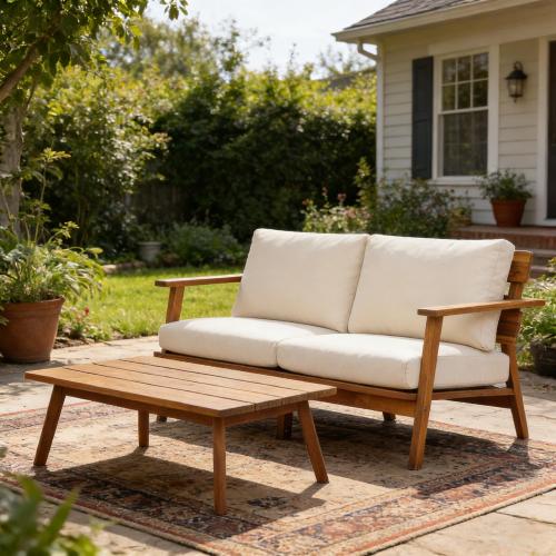 2-Piece Mid-Century Modern Patio Set, Acacia Wood Loveseat & Slatted Coffee Table with Weather-Resistant Cushions - Teak+ Beige - Acacia Wood,Waterproof Fabric