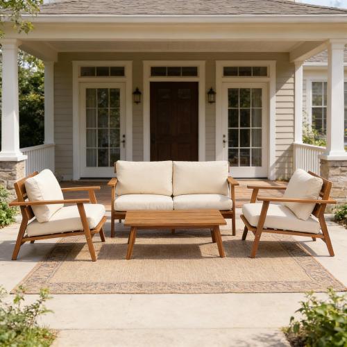4-Piece Mid-Century Modern Acacia Wood Patio Seating Set, Outdoor Conversation Set with Loveseat, Club Chairs & Slatted Coffee Table, Weather-Resistant Cushions - Teak+ Beige - Acacia Wood,Waterproof Fabric