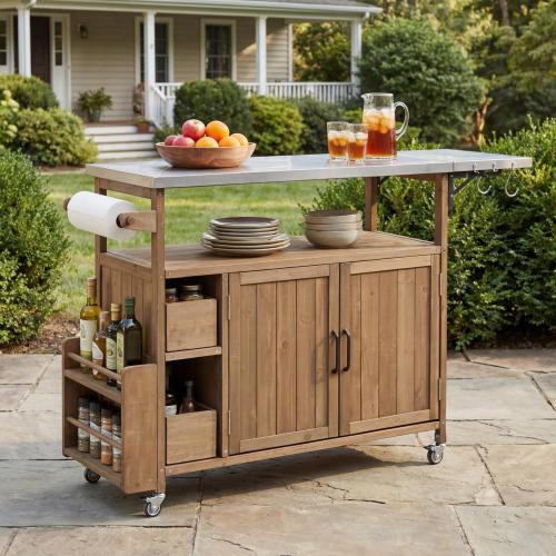 54.33" Farmhouse Rolling Outdoor Kitchen Cart, Solid Wood Frame with Stainless Steel Top, Spice Rack, Towel Rack, Lockable Wheels & Multi-Functional Storage for Patio, Backyard BBQ & Kitchen - Natural - Solid Wood,Stainless Steel - Natural