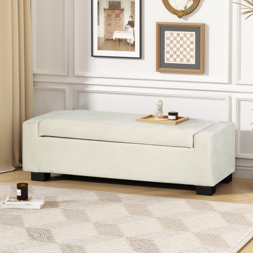 50-Inch White Textured Fabric Storage Ottoman Bench with Hinged Lid