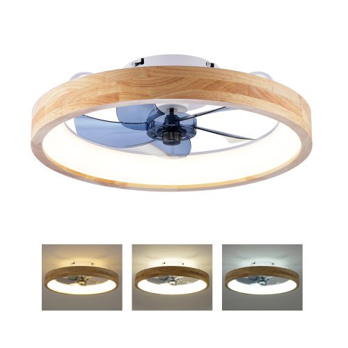 20-Inch Matte Black PC and Wood-Metal Flush Mount Ceiling Fan with Light