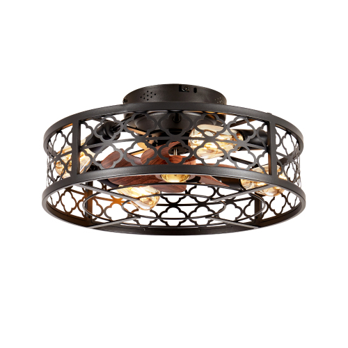 20" Flower Style Iron  Ceiling Fans With Remote Control, Bladeless Ceiling Fan 6 Speed Reversible with  Remote Control,Flush Mount Caged Ceiling Fan for Bedroom, Living Room--NOT Included Bulbs - Matte Black - PC - American Design,Antique,Classic