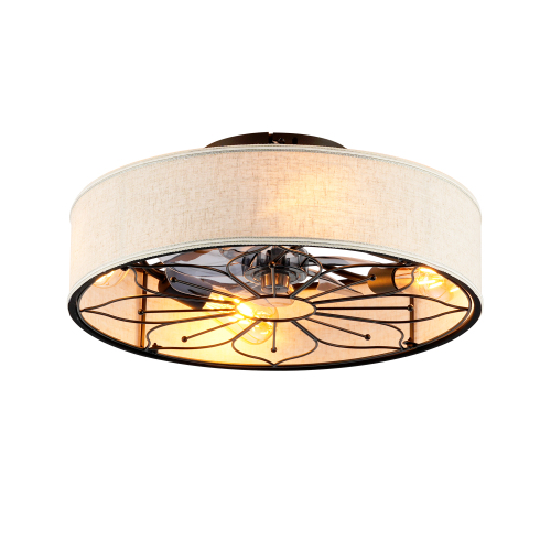 20" Lotus Design Fabric Farmhouse Bladeless Ceiling fan With Remote Control For Living room, Bedroom,Kitchen--NOT INCLUDED BULBS - Matte Black - Fabric+Metal,PC - Iron - American Design,Antique,Classic