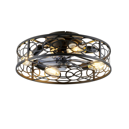 20" Caged Ceiling Fans with Lights and Remote, Bladeless Ceiling Fan 6 Speed Reversible with Remote Control,Flush Mount Caged Ceiling Fan for Bedroom, Living Room--NOT Included Bulbs - Matte Black - PC - Iron - American Design,Antique,Classic