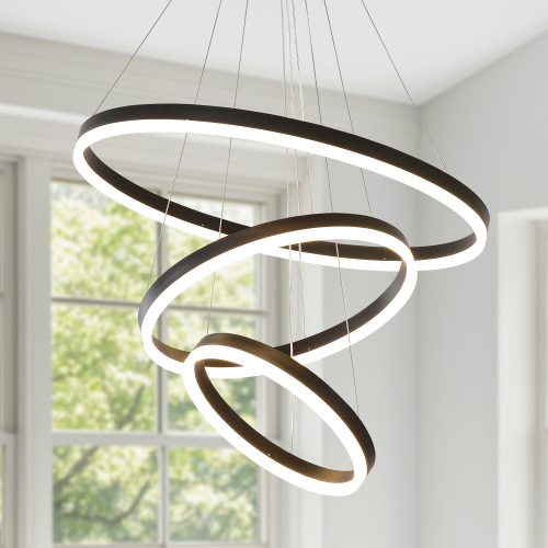 Modern Black 3-Ring LED Chandelier with Remote, Acrylic and Aluminum