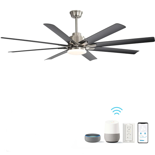 66 Inch Large Ceiling Fan With Dimmable Led Light 8 ABS Blades Smart Remote Control Reversible DC Motor For Living Room - Nickel - Nickel - 66-Inch