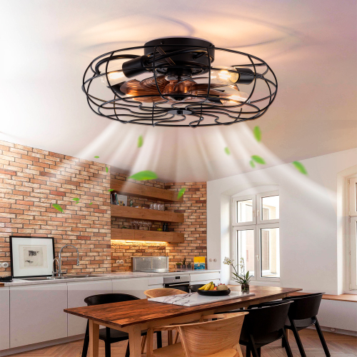 New Model 19 Inch Ceiling Fan Light With 6 Speed Remote 8 Blade Reversible DC Motor For Bedroom - Black - ABS - 19-Inch