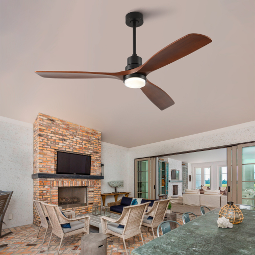 Hot sales 60 Inch Modern Black Ceiling Fan With Light 3 Solid Wood Blades Remote Control Reversible DC Motor With Dimmable LED - 60-Inch