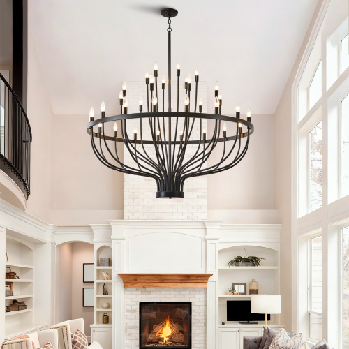 Large 47-Inch Black Iron 33-Light Candle-Style Chandelier