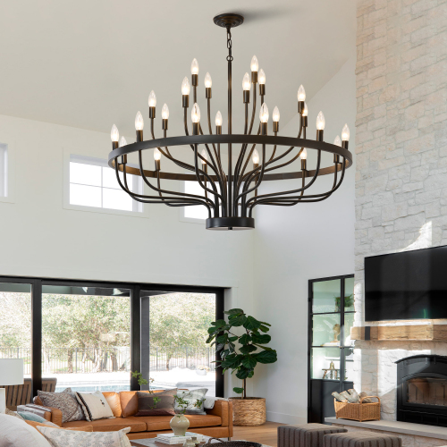 47-Inch 24-Light Black Iron Rustic Candle-Style Industrial Chandelier