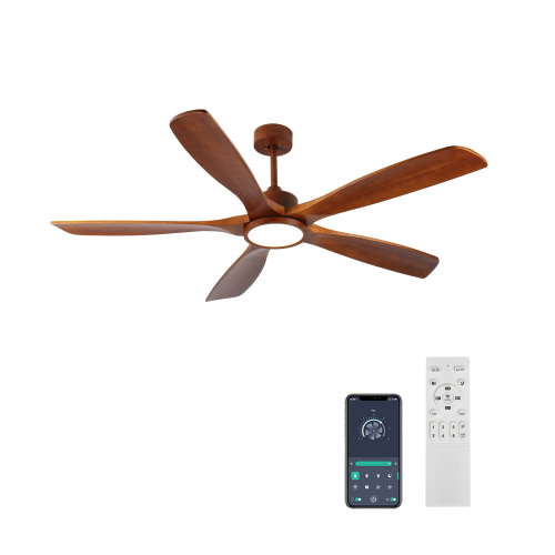 60 inch Wood Ceiling Fans with Lights and Remote, 5 solid wood blades,Modern Low Profile Ceiling Fan with Light, 6 Speed, Reversible DC Motor, for Bedroom/Outdoor/Farmhouse/Patios - Natural Wood - Metal & Wood - 60-Inch