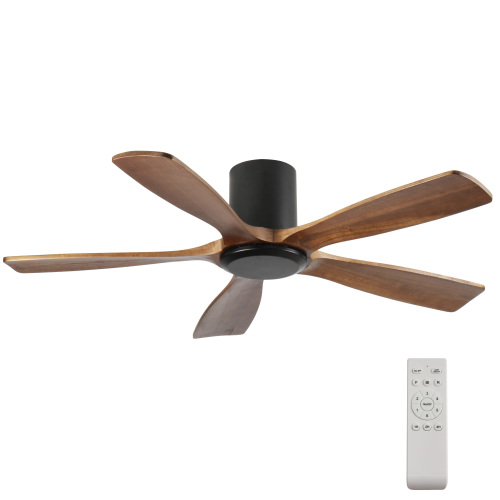60-Inch Ceiling Fan Without Light, Solid Wood Blades, Flush Mount, Ultra-Quiet DC Motor, Remote Control with 6 Speeds & Reversible Function, for 20x20 ft Living Room Bedroom, Energy Saving - Natural Wood+Brown - Metal & Wood