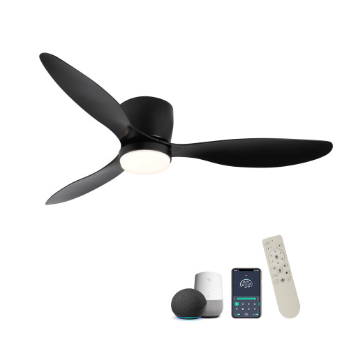 52" Smart Flush Mount black Ceiling Fans with Lights Remote,Quiet DC Motor,Outdoor Indoor Low Profile Ceiling Fan,Control with WIFI Alexa App,Dimmable,ABS blades,for Modern Bedroom Patio - ABS+Steel(Q235)