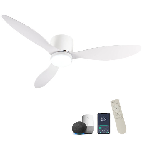 52" Smart Flush Mount Ceiling Fans with Lights Remote,Quiet DC Motor,Outdoor Indoor Low Profile white Ceiling Fan,Control with WIFI Alexa App,Dimmable,ABS blades,for Modern Bedroom Patio - Ancient White - ABS+Steel(Q235)