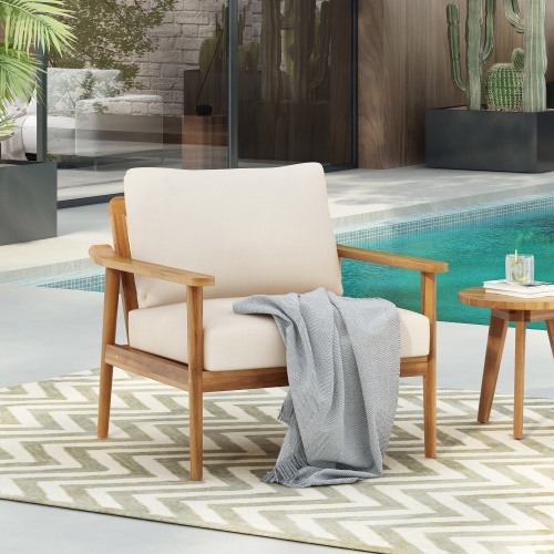 30.5" Mid-Century Modern Outdoor Lounge Chair with Cushions – Stylish and Durable Wood Frame Chair for Patio, Garden, or Balcony - Beige+Natural - Acacia Wood,Solid Wood,Waterproof Fabric
