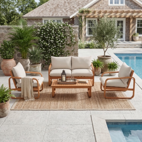 4-Piece Acacia Wood Outdoor Patio Furniture Set with Thick Cushions, Modern Outdoor Seating Set with Loveseat, 2 Single Chairs and Coffee Table, Weather-Resistant Conversation Set for Backyard, Pool - Beige+Natural - Acacia Wood,Waterproof Fabric