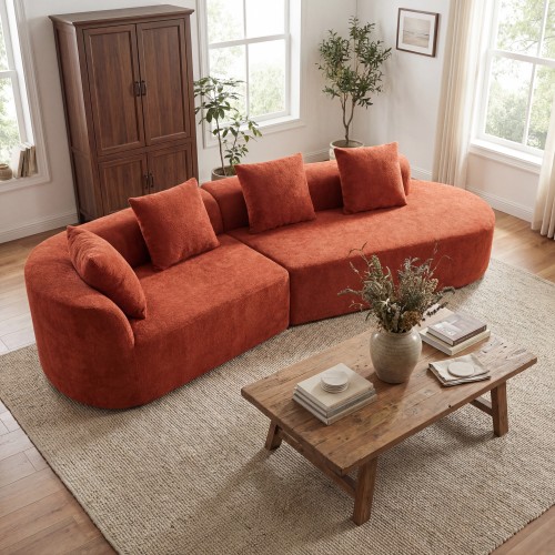 116-Inch Orange Curved 4-Seat Foam and Polyester Sectional Sofa