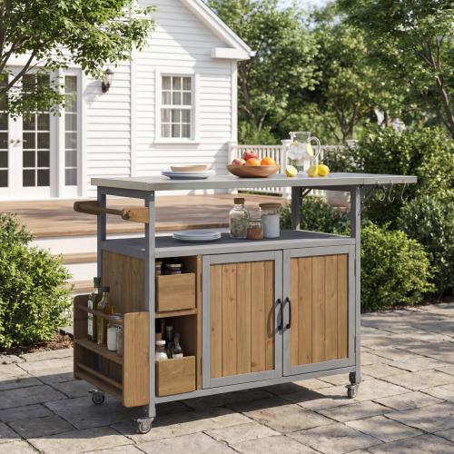 54.33" Farmhouse Rolling Outdoor Kitchen Cart, Solid Wood Frame with Stainless Steel Top, Spice Rack, Towel Rack, Lockable Wheels & Multi-Functional Storage for Patio, Backyard BBQ & Kitchen - Blue Gray,Walnut Brown - Solid Wood,Stainless Steel - Walnut Brown