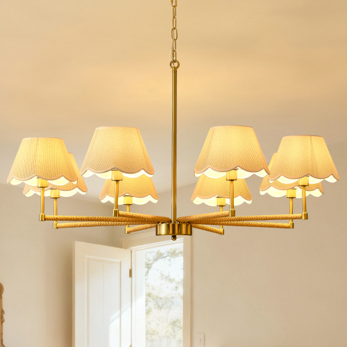 36.4-Inch Gold 8-Light Metal and Rope Chandelier with Fabric Shade