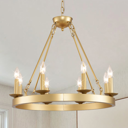 Gold Iron Wagon Wheel Chandelier, 23.62-Inch Round Ceiling Light