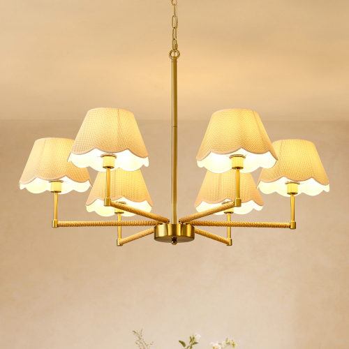 36.4-Inch Gold 6-Light Metal and Rope Chandelier with Fabric Shade