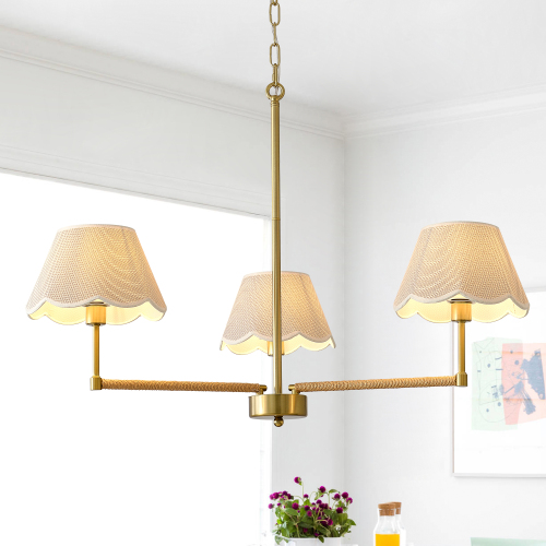 36.4-Inch Gold 3-Light Metal and Rope Chandelier with Fabric Shades