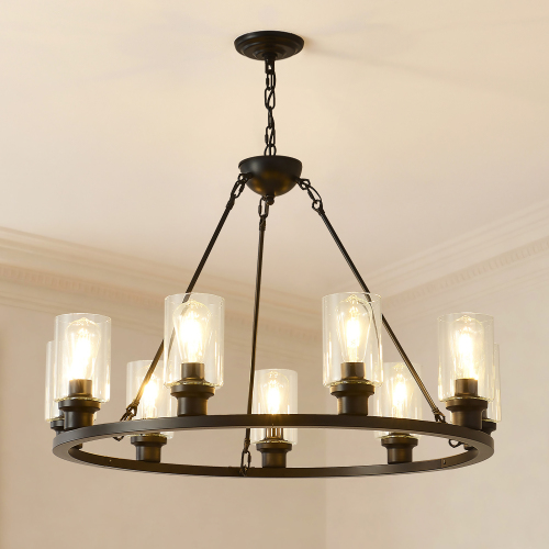 9-Light Matte Black Metal & Wood Wagon Wheel Chandelier with Glass