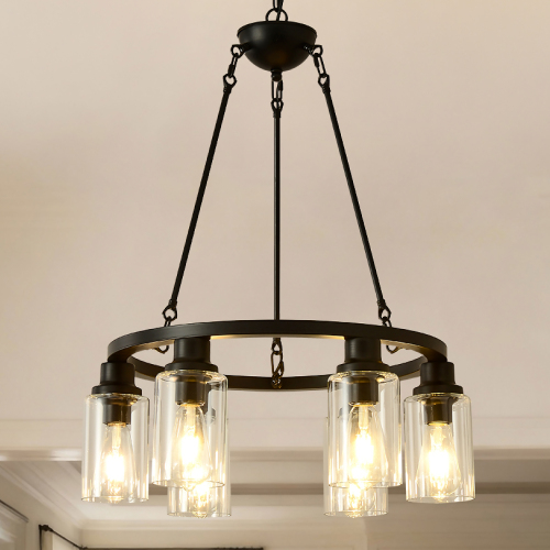 6-Light Matte Black Metal and Wood Wagon Wheel E26 Chandelier