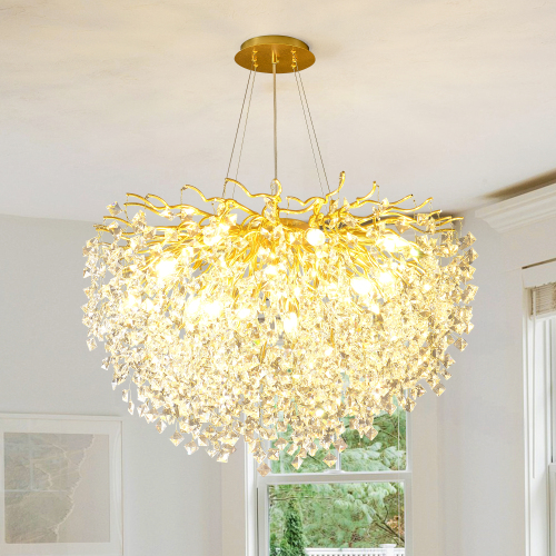 Modern Gold Branch Ceiling Light in Crystal and Metal, 31.5 Inch