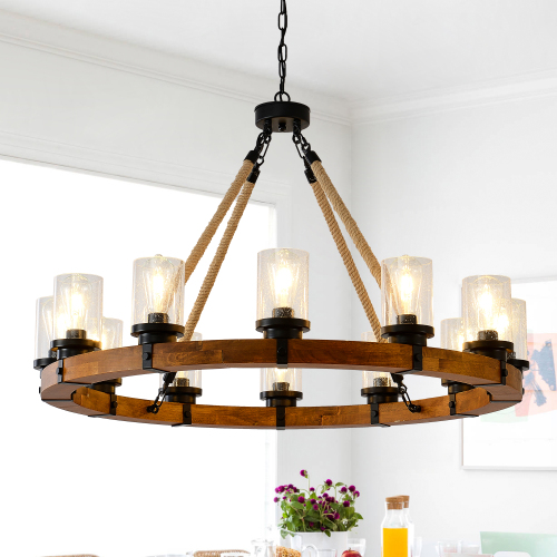12-Light Matte Black and Wood Wagon Wheel Chandelier with Seeded Glass