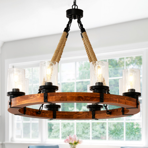 8-Light 31-Inch Wagon Wheel Chandelier, Matte Black Wood, Seeded Glass