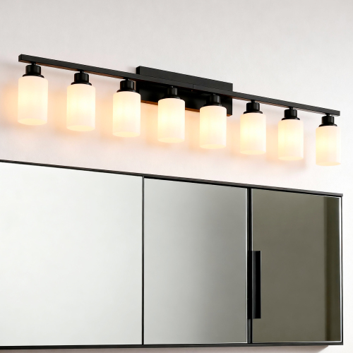 24.6-Inch 8-Light Matte Black and Wood Glass Bathroom Vanity Light