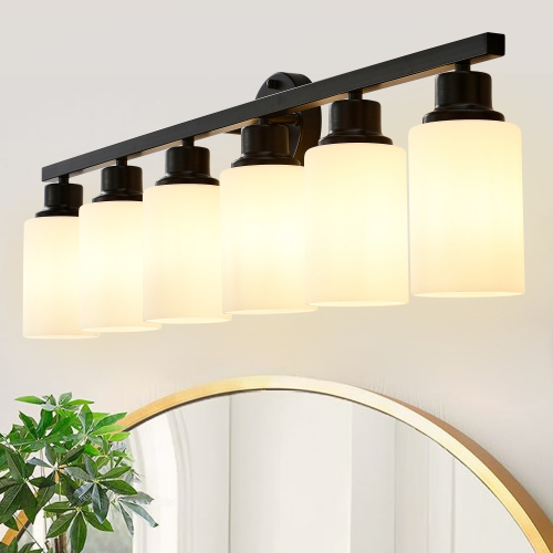 6-Light Matte Black and Wood Wall Sconce with White Glass Shades